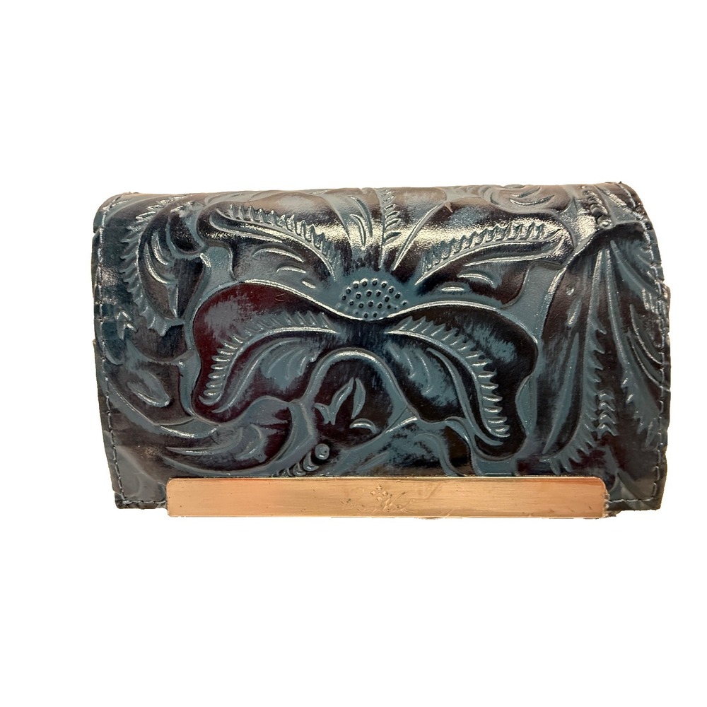 PATRICIA NASH CAMETTI Leather Trifold Wallet Clutch TOOLED‎ BLUE FLORAL NWTS